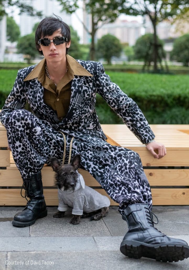 Model poses in leopard print by Dave Tacon Shanghai Street Style SS21