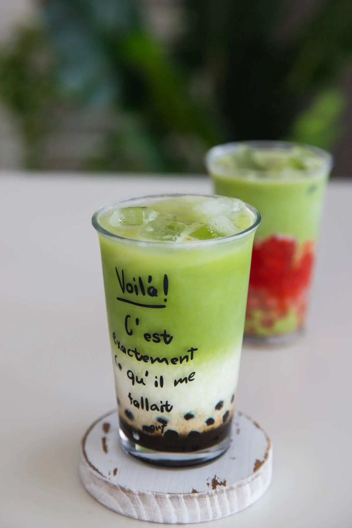 matcha milk tea and matcha strawberry milk tea 